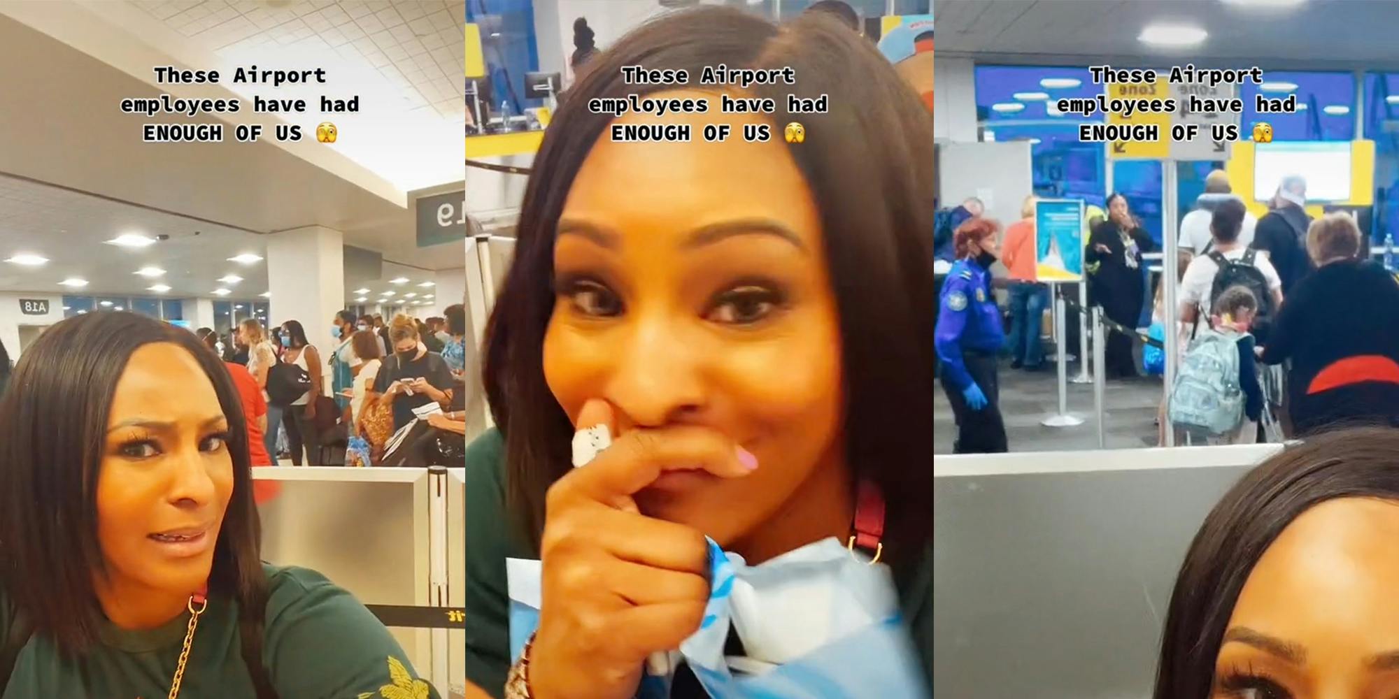 Woman in airport films staff over loudspeaker with caption "These airport employees are fed up with US"