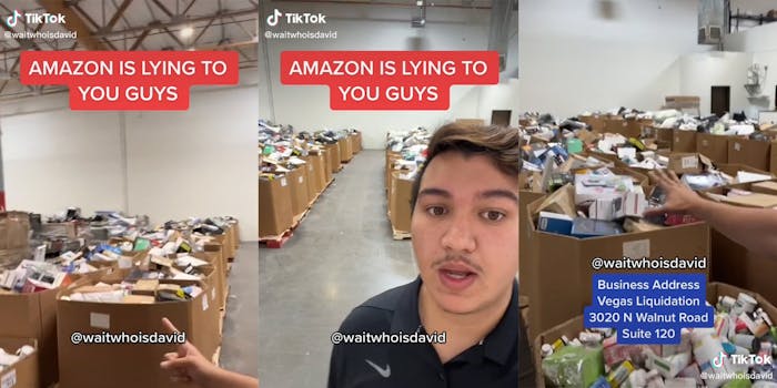 Man in Amazon warehouse with caption "Amazon is lying to you guys" and "Business address Vegas Liquidation 3020 N Walnut Road Suite 120"