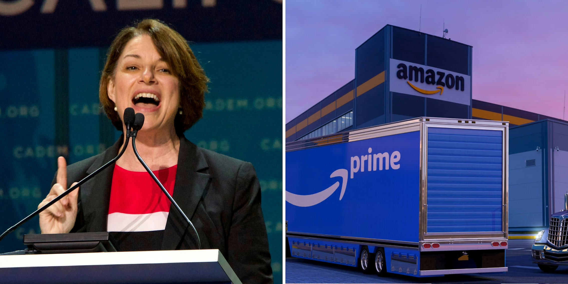 Presidential candidate Amy Klobuchar speaking into microphone (l) Amazon Prime truck and Amazon building with sky (r)