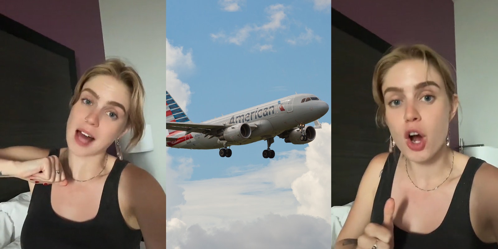 woman on bed speaking hand up (l) American Airlines Airplane in clouds blue sky (c) woman talking on bed thumb up (r)