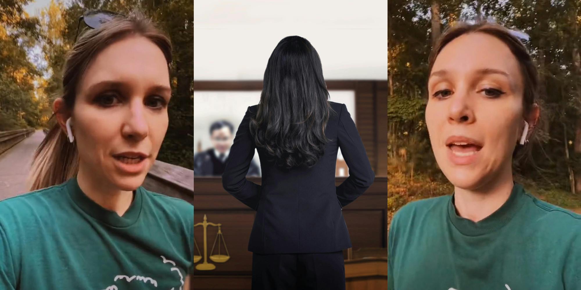 woman jogging outside speaking (l) female attorney standing in court judge blurred (c) woman jogging speaking (r)