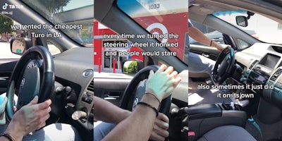 man in car with captions 'we rented the cheapest Turo in LA' (l) 'every time we turned the steering wheel it honked and people would stare' (c) 'also sometimes it just did it on its own' (r)