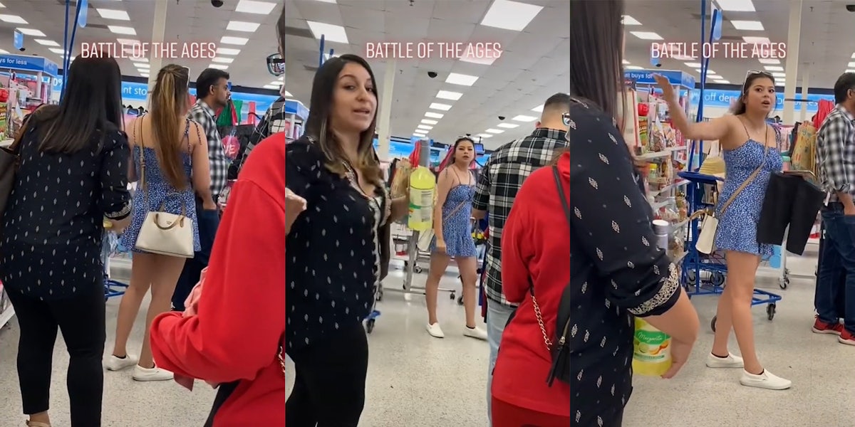 two women arguing in store line with caption 'battle of the ages'