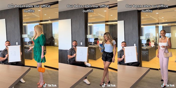 man holding white board with number written on it as women walk through doorway with caption "our boss rates our office outfits"