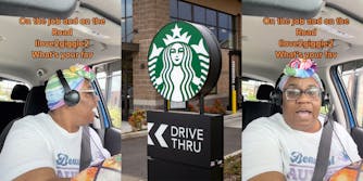 woman driving while working with headset on caption "on the job and on the road ilove2giggle2 what's your fav" (l) Starbucks drive thru with sign (c) woman driving while working with headset on caption "on the job and on the road ilove2giggle2 what's your fav" (r)
