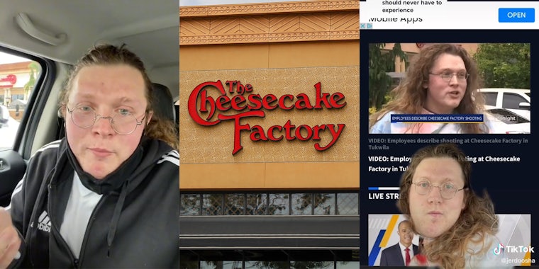 person in vehicle (l) the Cheesecake Factory sign (c) person inset on an interview of them in the Cheesecake Factory parking lot (r)