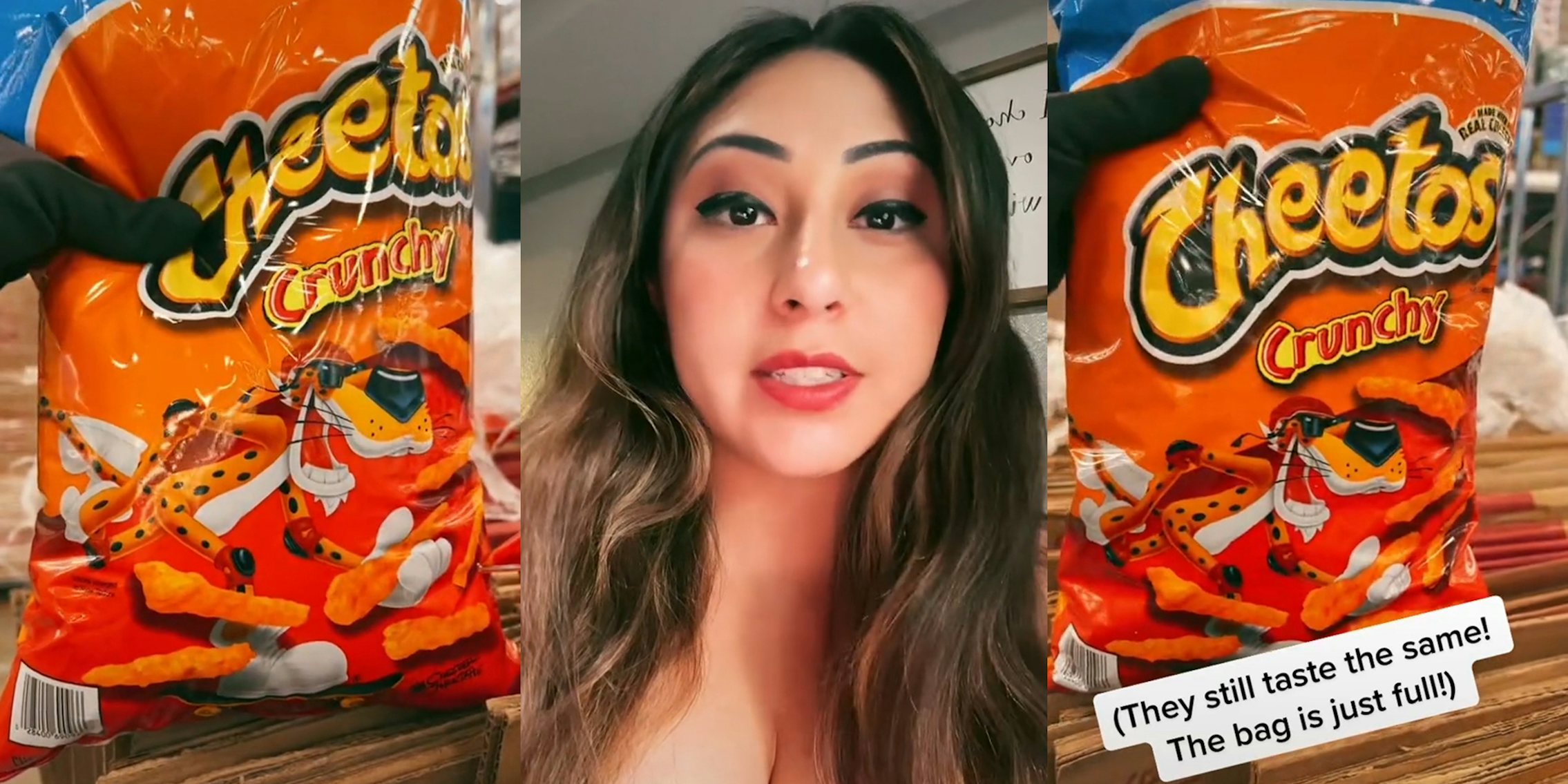 hand holding cheetos bag (l&r) young woman speaking (c)