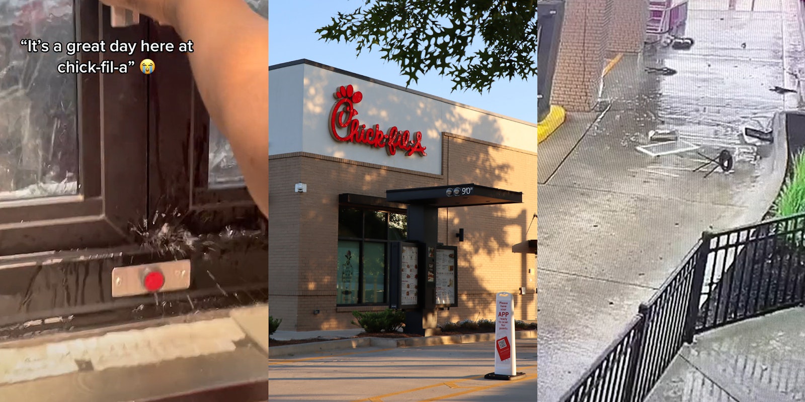Chick -Fil- A drive thru window with rain spewing into kitchen caption 'It's a great day here at chick-fil-a' (l) Chick- Fil-A restaurant building and drive through (c) security camera footage at Chick-Fil-A parking lot showing storm damage knocked over chair (r)