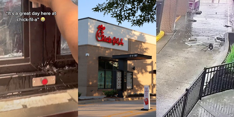 Chick -Fil- A drive thru window with rain spewing into kitchen caption 'It's a great day here at chick-fil-a' (l) Chick- Fil-A restaurant building and drive through (c) security camera footage at Chick-Fil-A parking lot showing storm damage knocked over chair (r)