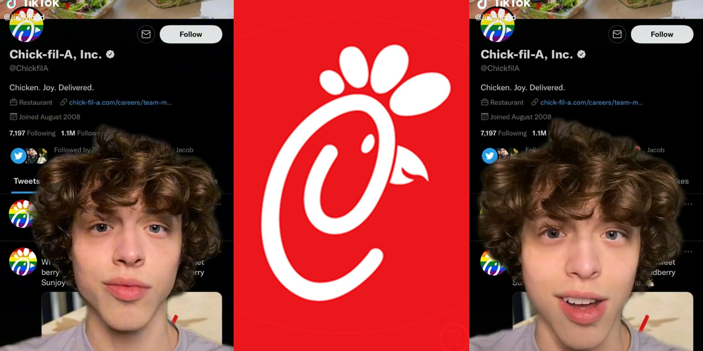 young man in front of Chick-fil-A Twitter page (l&r) Chick-fil-A logo (c)