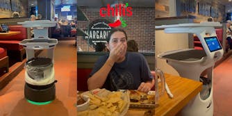 Chili's restaurant interior with robot driving towards table (l) woman shocked expression at Chili's table Chili's logo above her head (c) Chili's restaurant interior with robot up to table swiveling to show back screen (r)