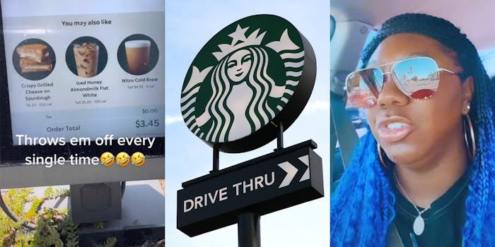 Starbucks menu with caption "throws em off every single time" (l) starbucks drive thru sign (c) young woman in car (r)