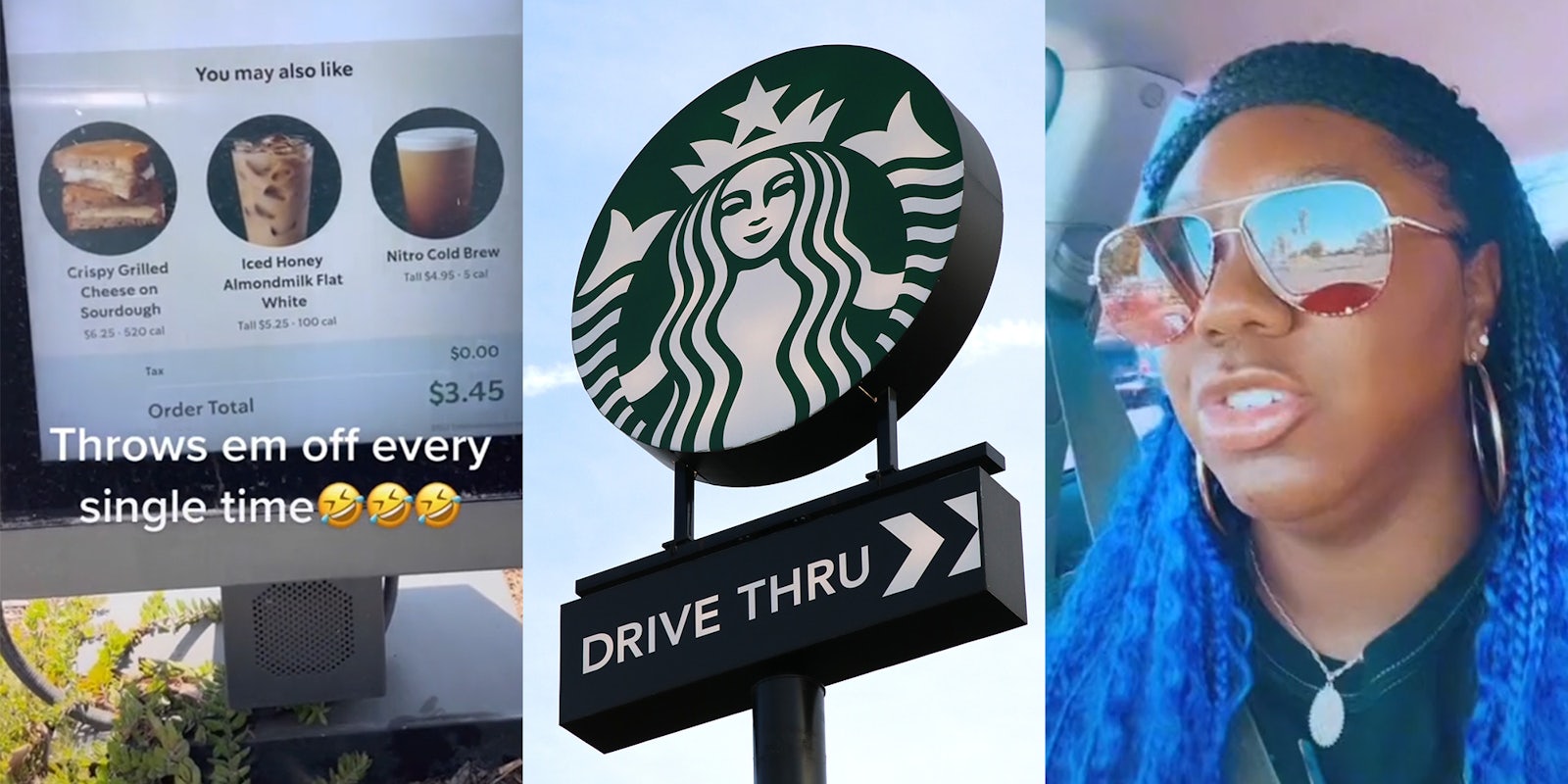 Starbucks menu with caption 'throws em off every single time' (l) starbucks drive thru sign (c) young woman in car (r)