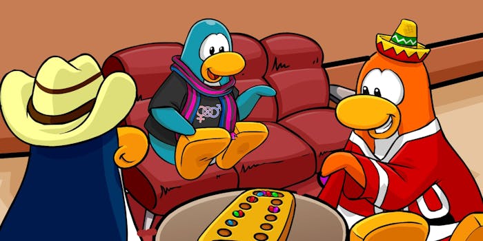 Club Penguin characters with bisexual-flag-colored scarf and t-shirt with bisexual symbol