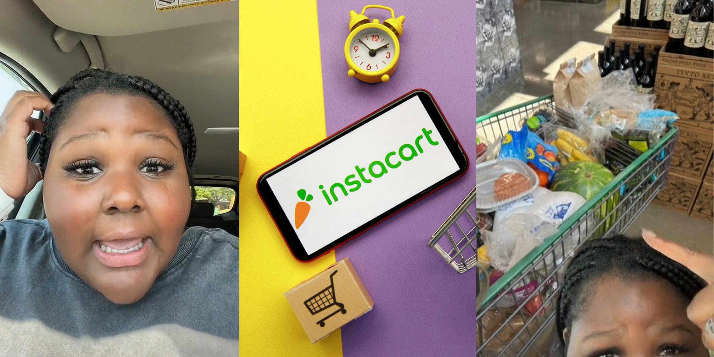 woman upset speaking in car (l) instacart logo on phone phone yellow clock shopping cart wooden block mini shopping cart on yellow and purple background (c) woman greenscreen tiktok pointing up to photo of full cart (r)