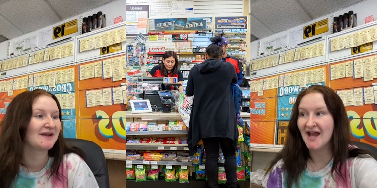 convenience store worker head turned speaking (l) Convenience store check out with customer paying for items (c) convenience store worker speaking turned left (r)