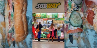Subway sandwich with knife blade sticking out bottom (l) Subway restaurant customers ordering (c) Subway sandwich open to reveal knife inside (r)