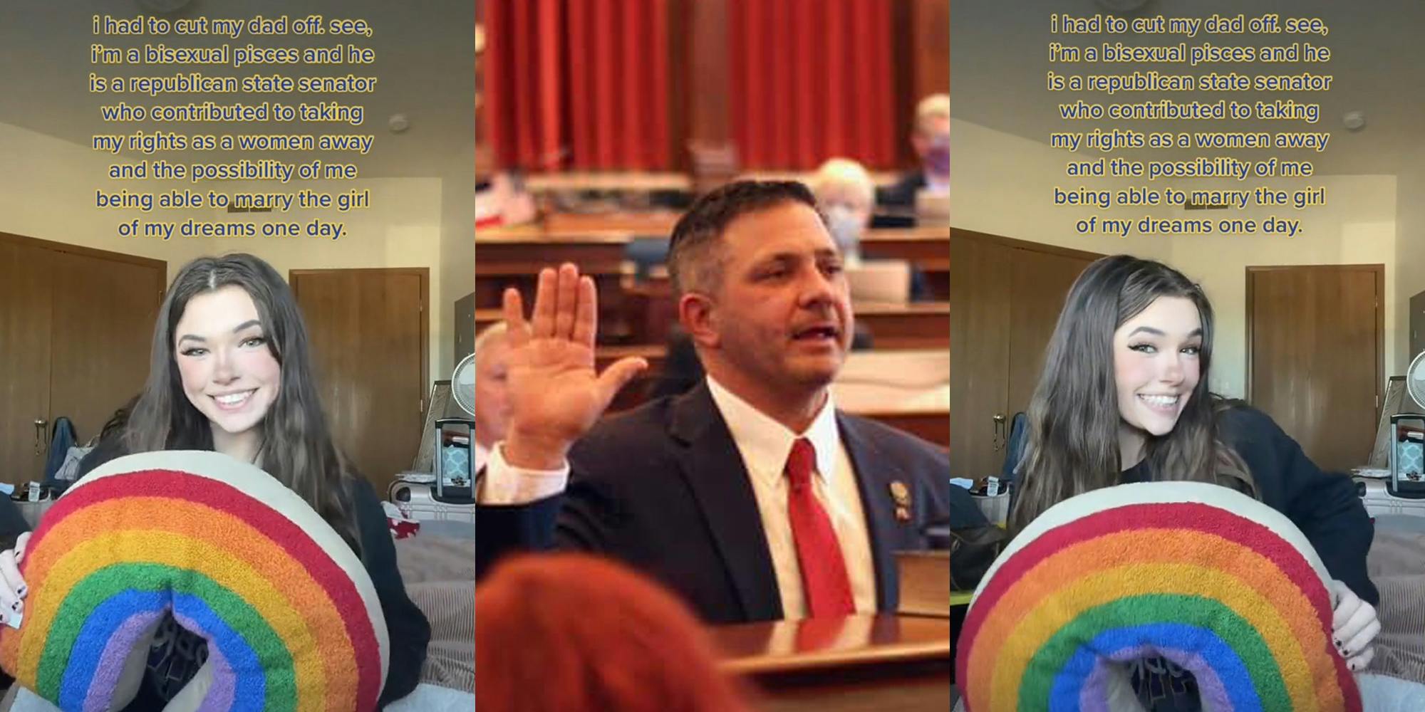 woman holding rainbow pillow caption "i had to cut my dad off. see, i'm a bisexual pisces and he is a republican state senator who contributed to taking my rights as a woman away and the possibility of me being able to marry the girl of my dreams one day." (l) Adrian Dickey right arm raised in court (c) woman holding rainbow pillow caption "i had to cut my dad off. see, i'm a bisexual pisces and he is a republican state senator who contributed to taking my rights as a woman away and the possibility of me being able to marry the girl of my dreams one day." (r)