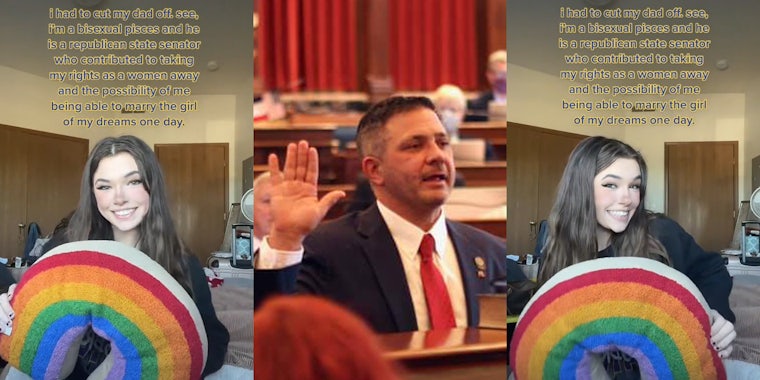 woman holding rainbow pillow caption 'i had to cut my dad off. see, i'm a bisexual pisces and he is a republican state senator who contributed to taking my rights as a woman away and the possibility of me being able to marry the girl of my dreams one day.' (l) Adrian Dickey right arm raised in court (c) woman holding rainbow pillow caption 'i had to cut my dad off. see, i'm a bisexual pisces and he is a republican state senator who contributed to taking my rights as a woman away and the possibility of me being able to marry the girl of my dreams one day.' (r)