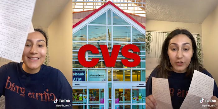 young woman holding up hand-written letters (l&r) cvs logo on store front (c)