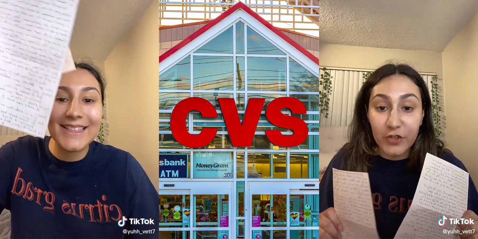 young woman holding up hand-written letters (l&r) cvs logo on store front (c)