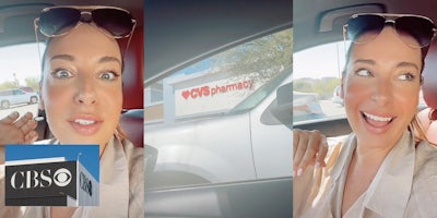 woman speaking in car with small image of CBS logo on building (l) CVS pharmacy building with sign (c) woman laughing in car (r)
