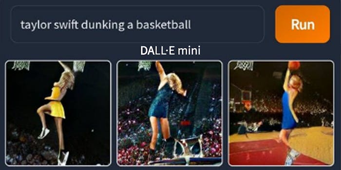 Taylor Swift AI images playing basketball caption "taylor swift dunking a basketball" "run" "Dall.E mini"