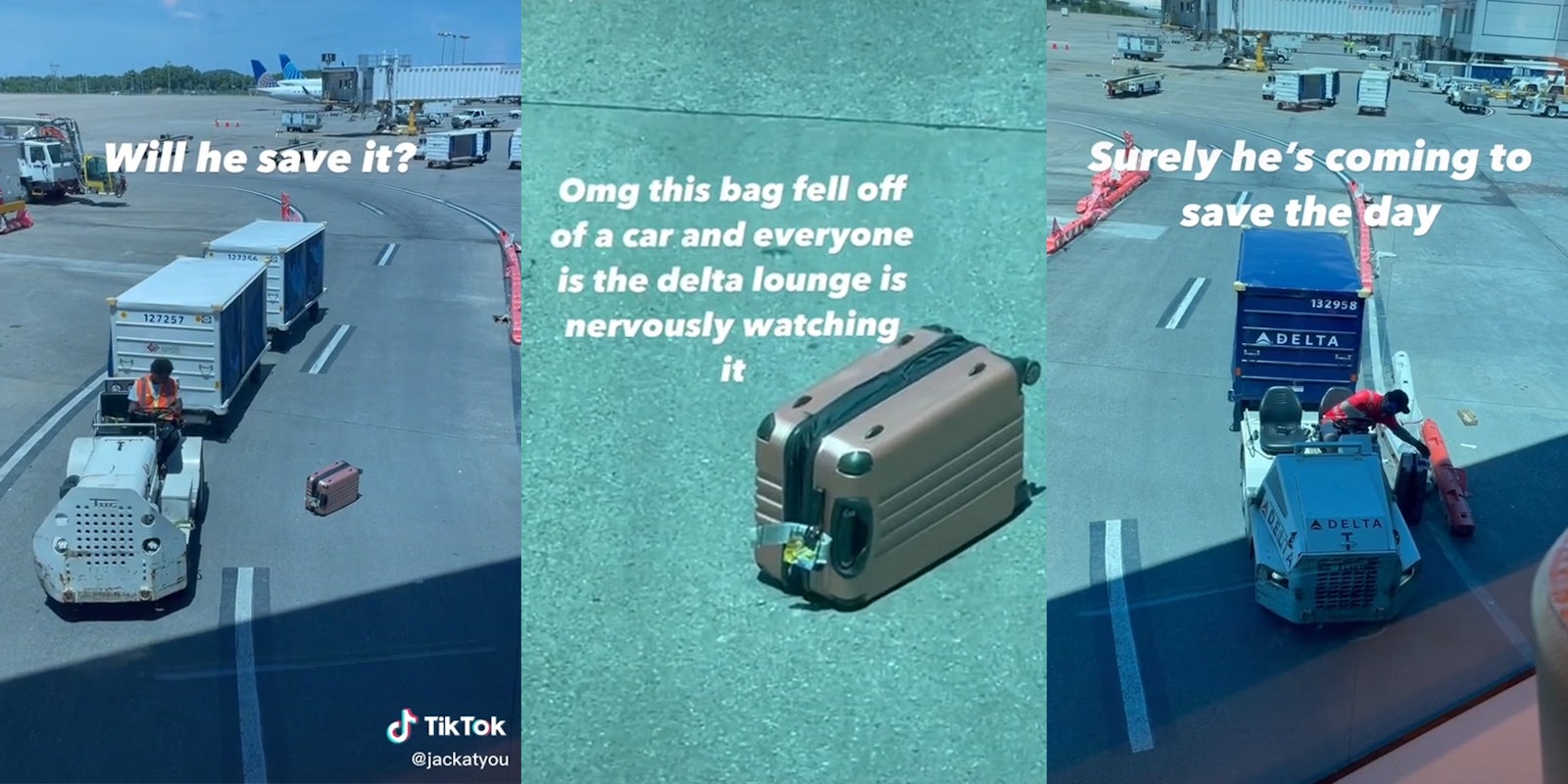 airline employee on tram looking at luggage in lane with caption 'will he save it?' (l) bag on ground with caption 'omg this bag fell off of a car and everyone is the delta lounge is nervously watching it' (c) delta employee reaching over to bag with caption 'surely he's coming to save the day' (r)