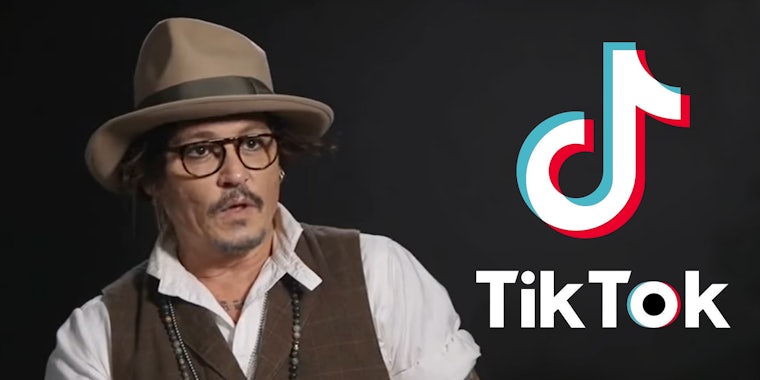 Johnny Depp left on dark gray background TikTok logo on right
