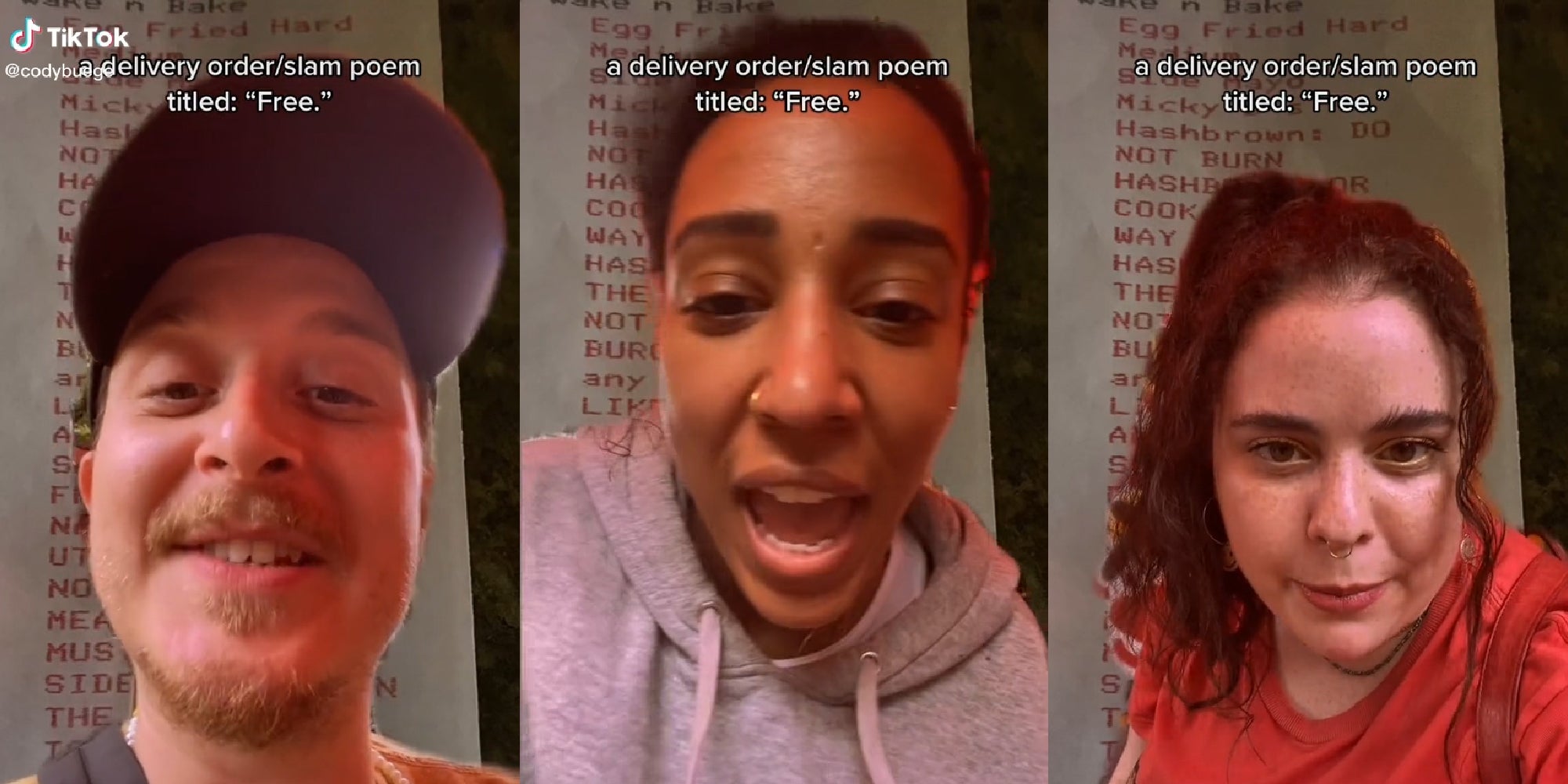 servers speaking over long receipt background with caption 'a delivery order/slam poem titled: 'Free.''