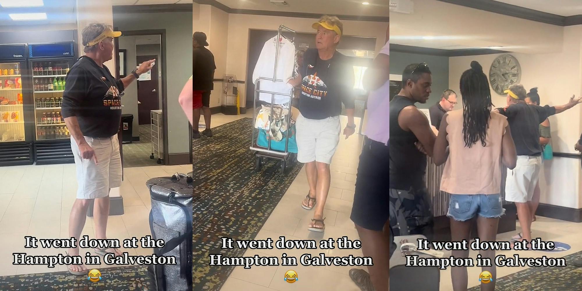 man in Hampton hotel lobby pointing finger yelling caption 'It went down at the Hampton in Galveston' (l) man walking with clothing rack on wheels down Hampton hotel lobby caption 'It went down at the Hampton in Galveston' (c) man at Hampton hotel lobby check in yelling arms up caption 'It went down at the Hampton in Galveston' (r)