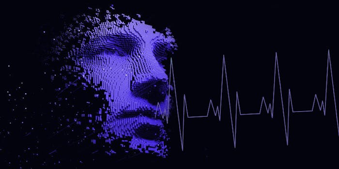 Blue AI face with ekg coming from mouth on black background