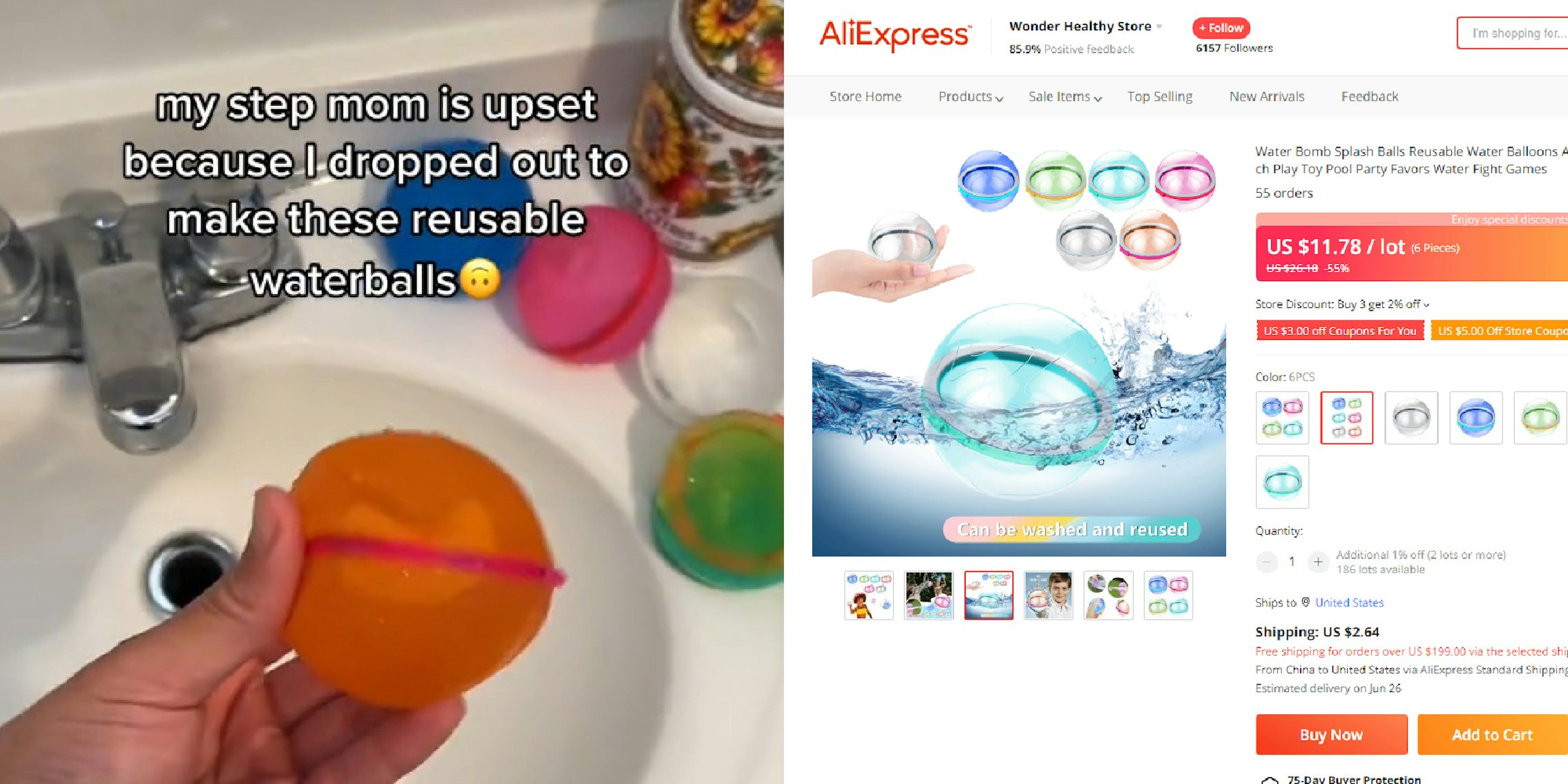 hand holding plastic ball in sink with caption 'my step mom is upset because I dropped out to make these reusable waterballs' (l) water bomb splash balls reusable water balloons listing on AliExpress (r)
