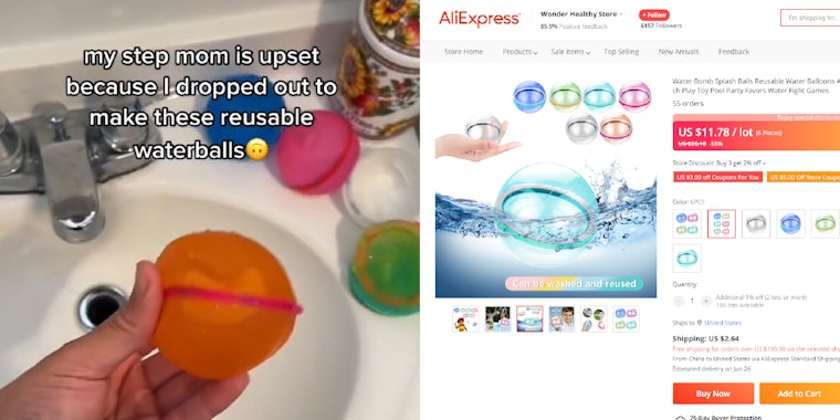 hand holding plastic ball in sink with caption 'my step mom is upset because I dropped out to make these reusable waterballs' (l) water bomb splash balls reusable water balloons listing on AliExpress (r)