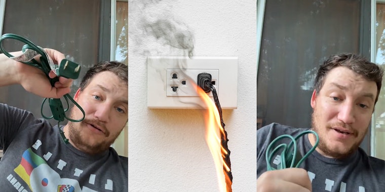 electrician holding green Walmart extension cord speaking (l) Electrical fire cord in socket in flames smoke rising on white wall (c) electrician holding green Walmart extension cord speaking (r)