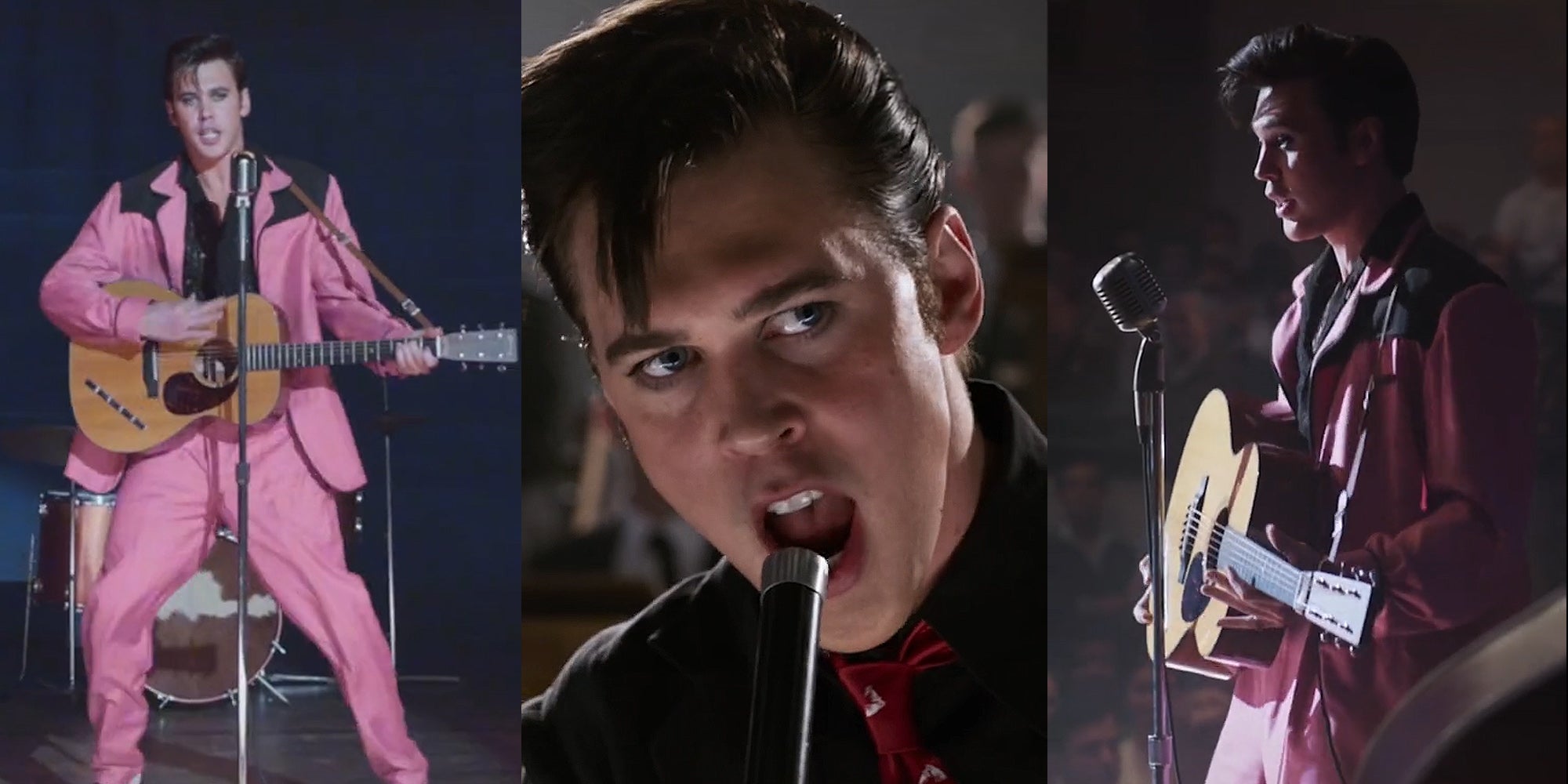 Austin Butler as Elvis dancing singing playing guitar on stage in pink suit (l) Austin Butler as Elvis singing into microphone (c) Austin Butler as Elvis on stage holding guitar speaking into microphone (r)