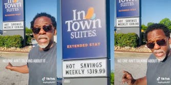 man in parking lot pointing to In Town Suites Extended Stay "hot saving weekly $319.99" with caption "No one ain't talking about it"
