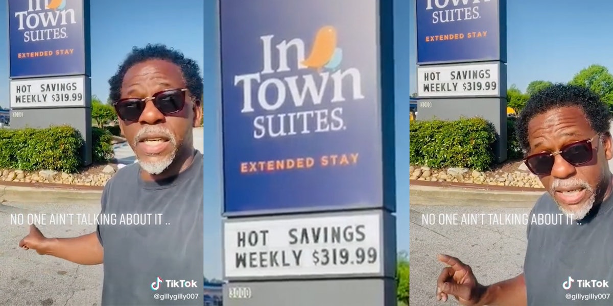 man in parking lot pointing to In Town Suites Extended Stay 'hot saving weekly $319.99' with caption 'No one ain't talking about it'