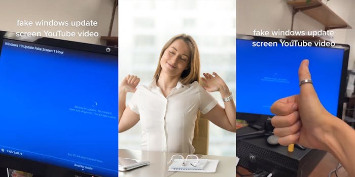 Computer screen with YouTube video titled "Windows 10 Update Fake Screen 1 Hour" caption "fake windows update screen YouTube video" (l) woman at desk happy arms stretched relaxing (c) hand thumbs up over computer screen with fake Windows 10 update video playing caption "fake windows update screen YouTube video" (r)