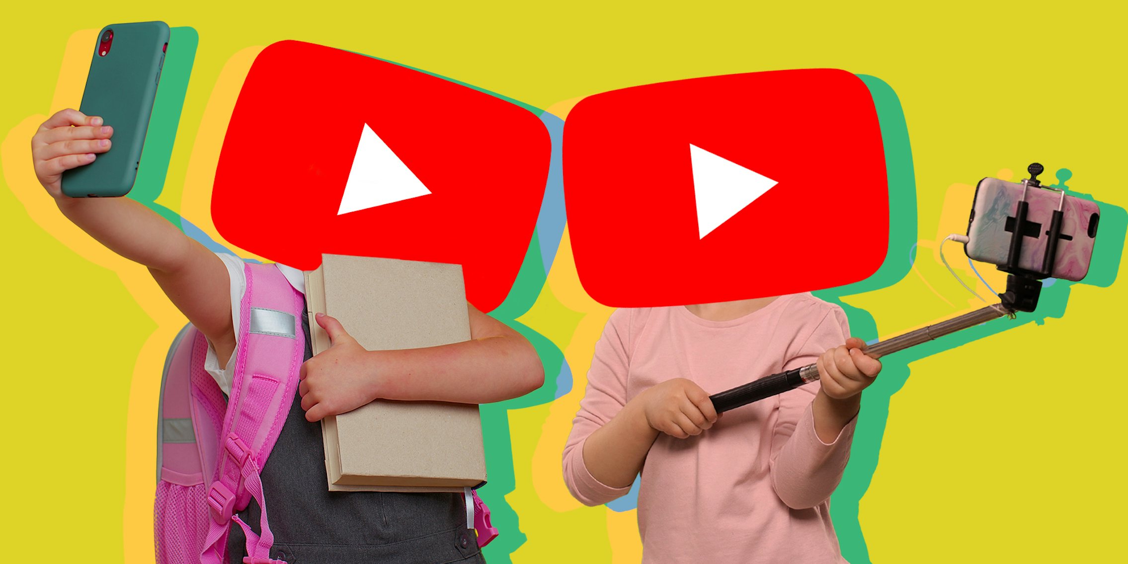 young children holding phones to film themselves with YouTube logos for heads