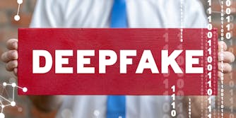 man holding sign that says "DEEPFAKE" cyber concept on sides