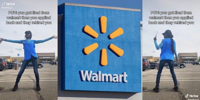 young woman dancing with caption "POV: you got fired from walmart then you applied back and they rehired you" (l&r) walmart sign (c)