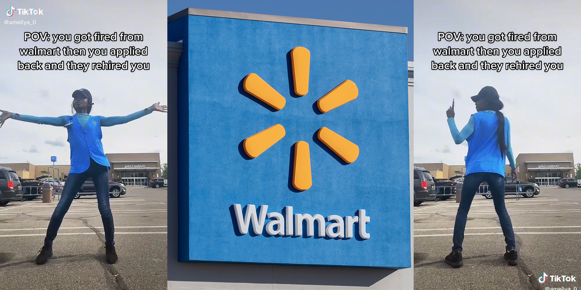 young woman dancing with caption "POV: you got fired from walmart then you applied back and they rehired you" (l&r) walmart sign (c)