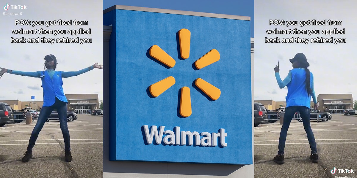 young woman dancing with caption 'POV: you got fired from walmart then you applied back and they rehired you' (l&r) walmart sign (c)