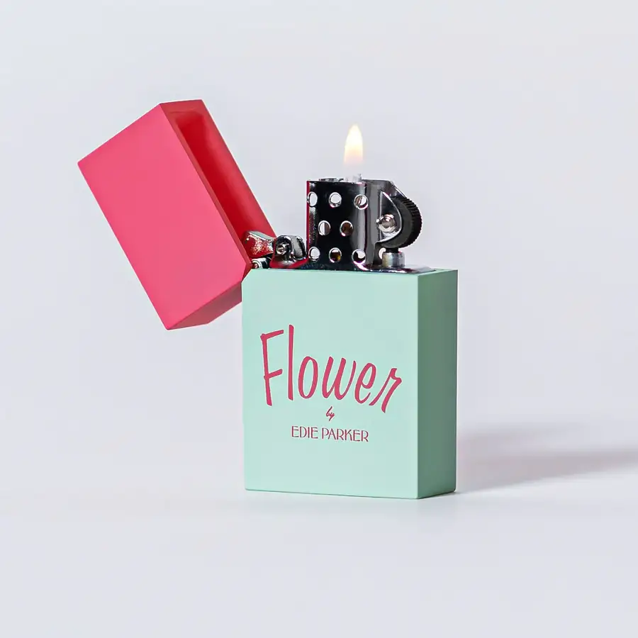 Green and pink lighter that says 'Flower' on the front.