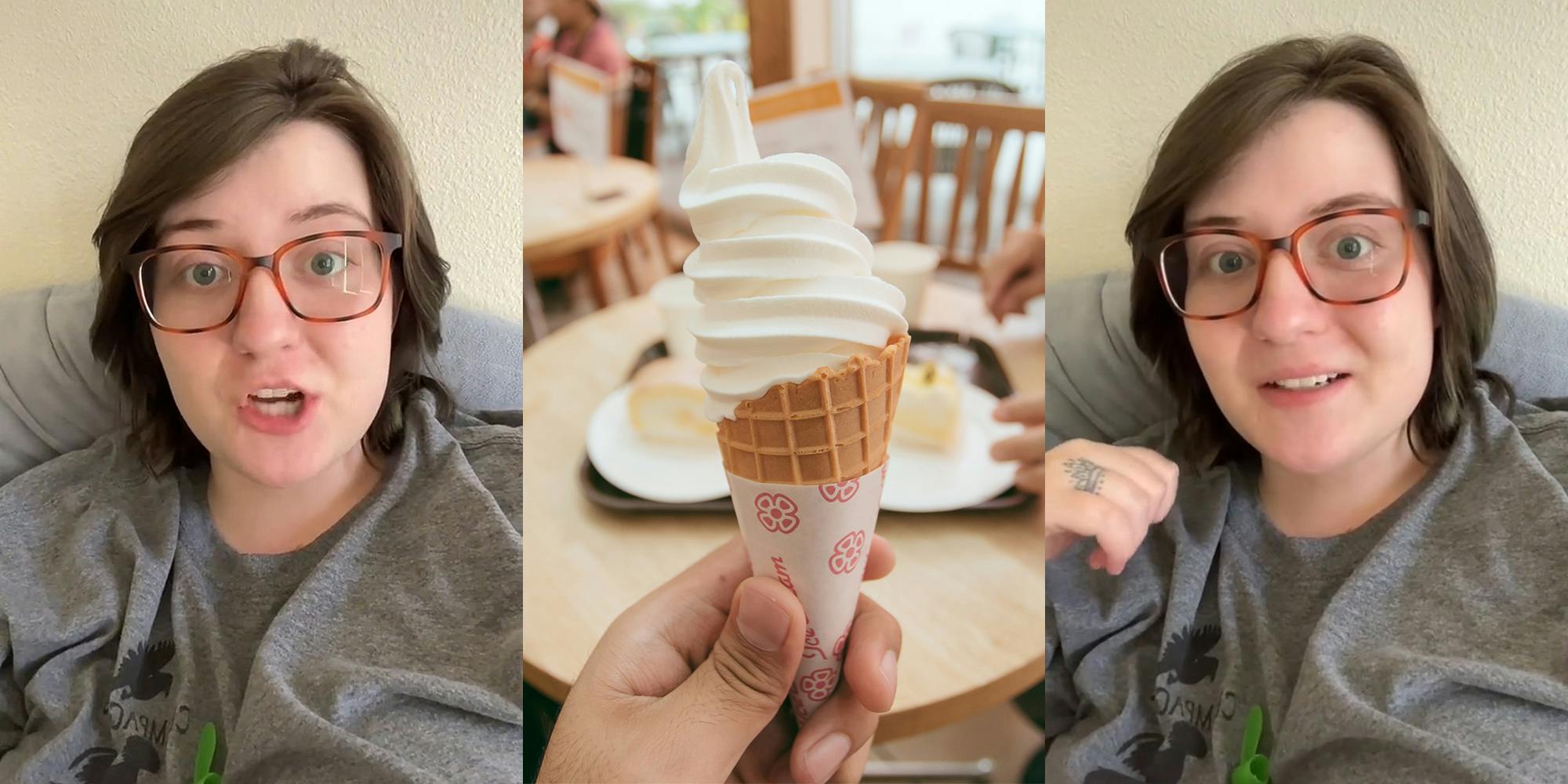 woman speaking (l) person holding vanilla ice-cream cone in shop (c) woman speaking (r)