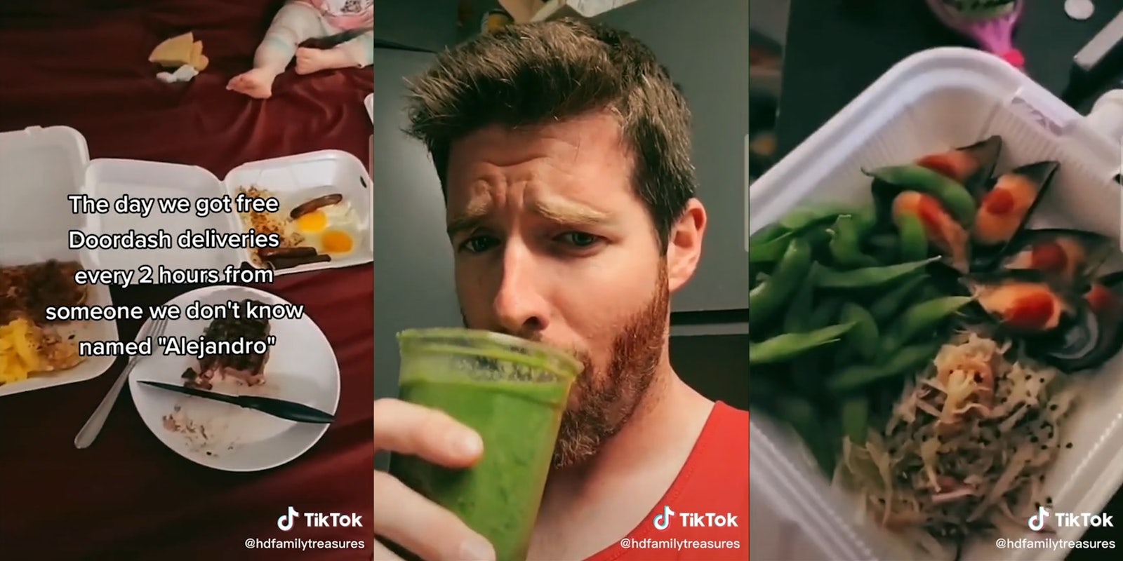 child with take out food and caption 'the day we got free Doordash deliveries every 2 hours from someone we don't know named 'Alejandro'' (l) man drinking green smoothie (c) snap peas and baked mussels with noodles in a to-go container (r)
