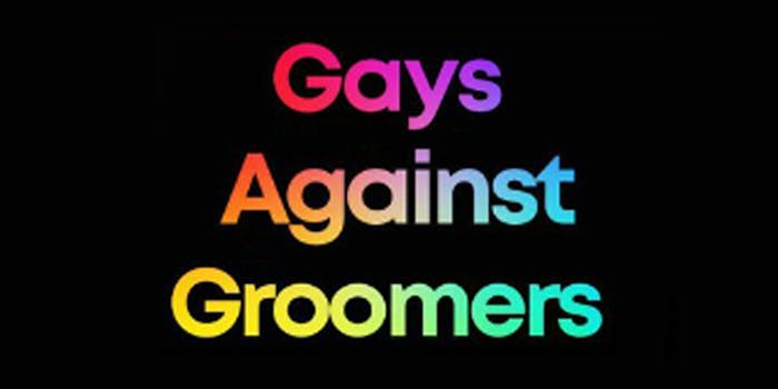 caption in rainbow letters centered ""Gays Against Groomers" on black background (c)