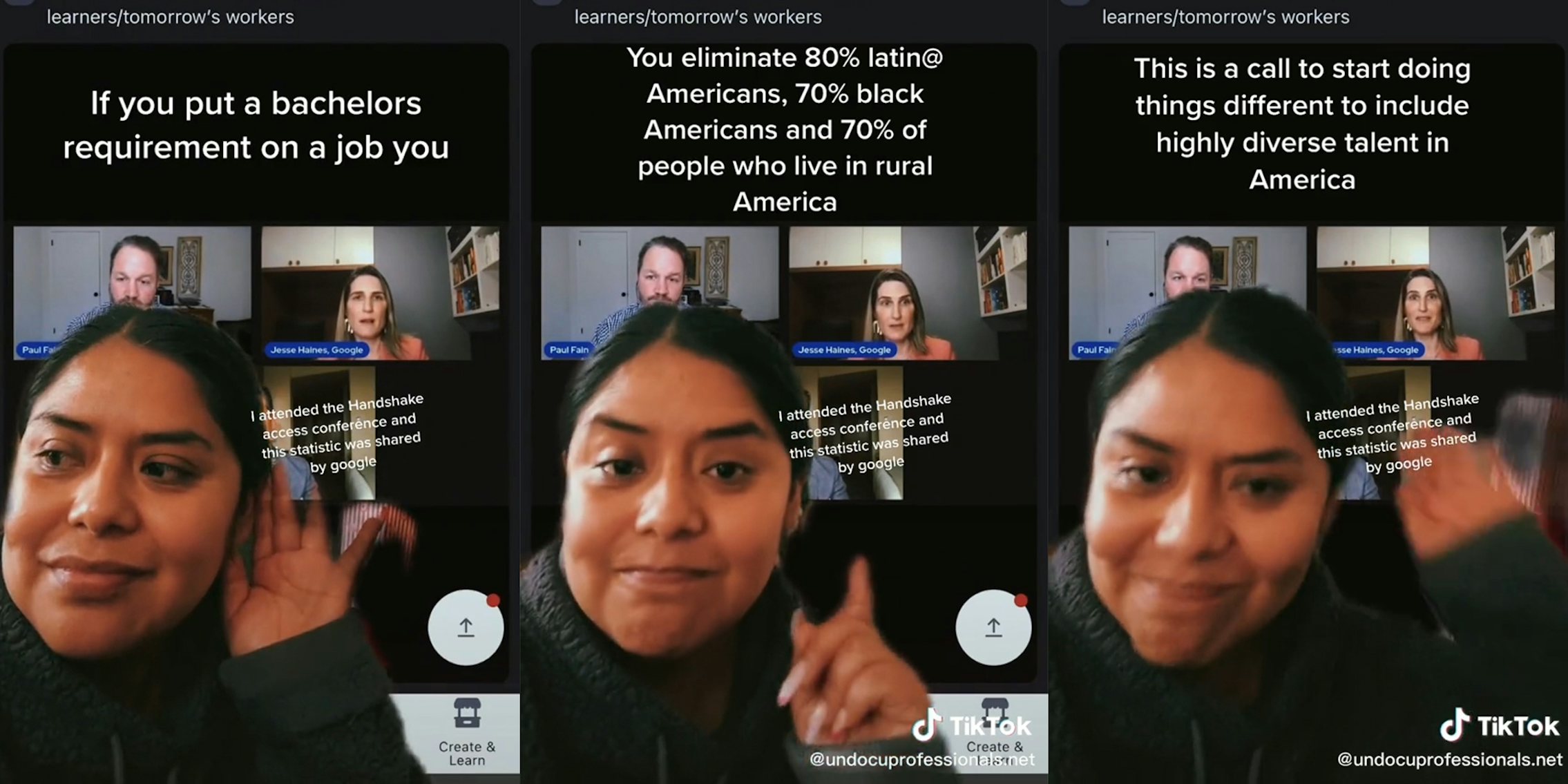 woman in front of conference call background with caption 'If you put a bachelors requirement on a job you eliminate 80% latin@ Americans, 70% black Americans and 70% of people who live in rural America'