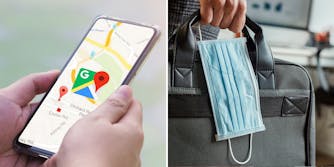 Hands holding phone with google maps app on screen (l) Hand holding work bag with face mask in office (r)